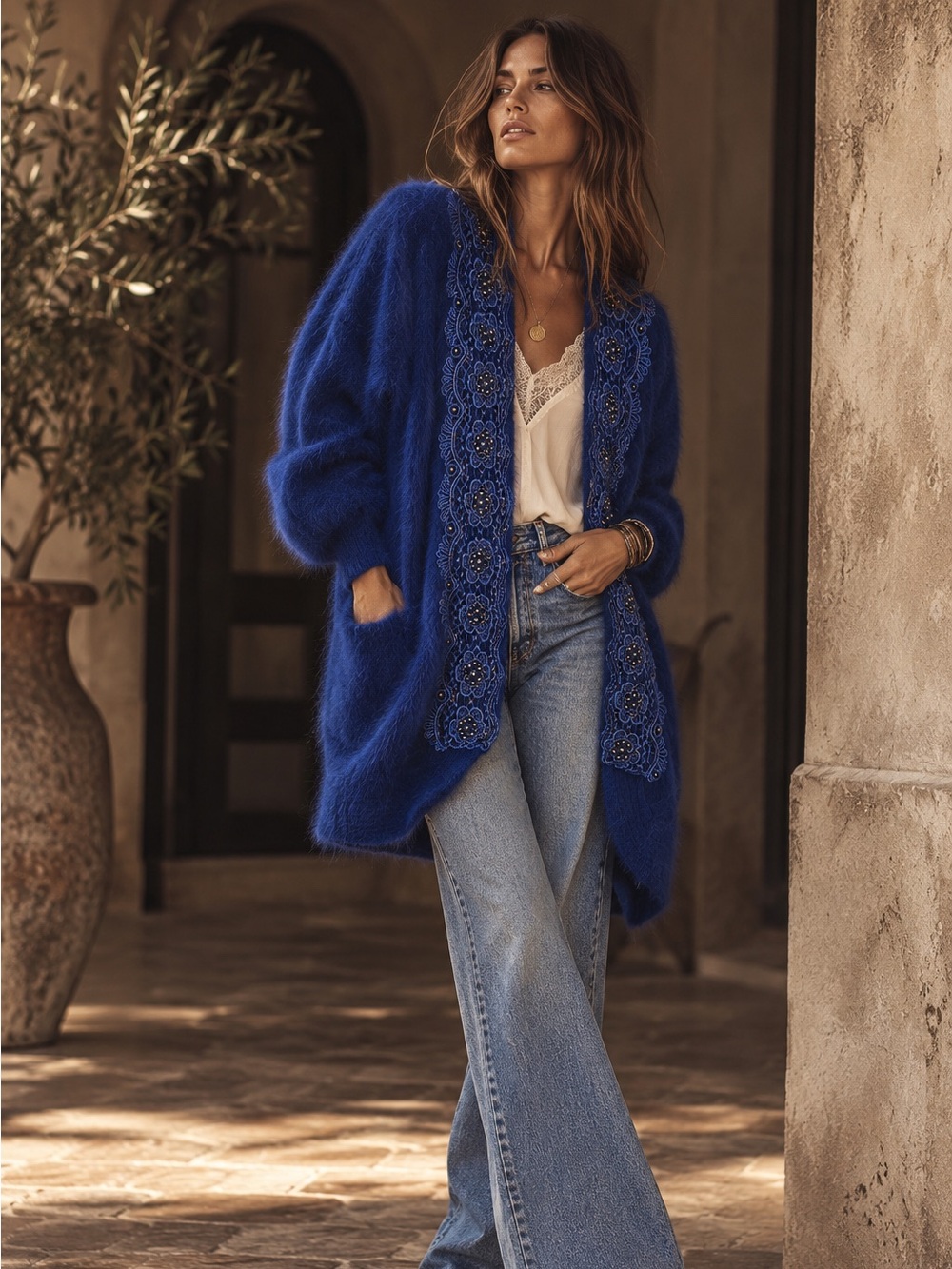 Vintage 80s Rosa Surk Young Cobalt Blue Angora Beaded Long Cardigan | Free Size